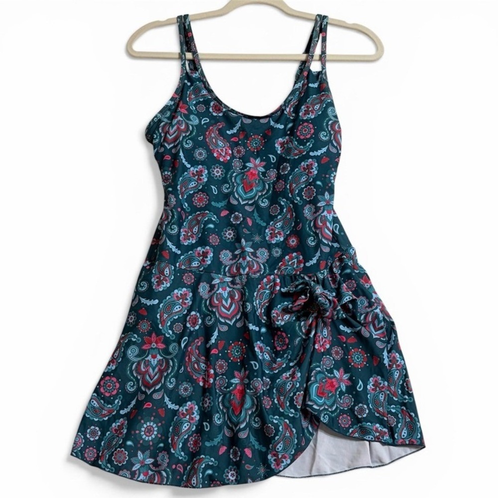 Teal Paisley One-Piece Swim Dress with Skirt Size Small‎